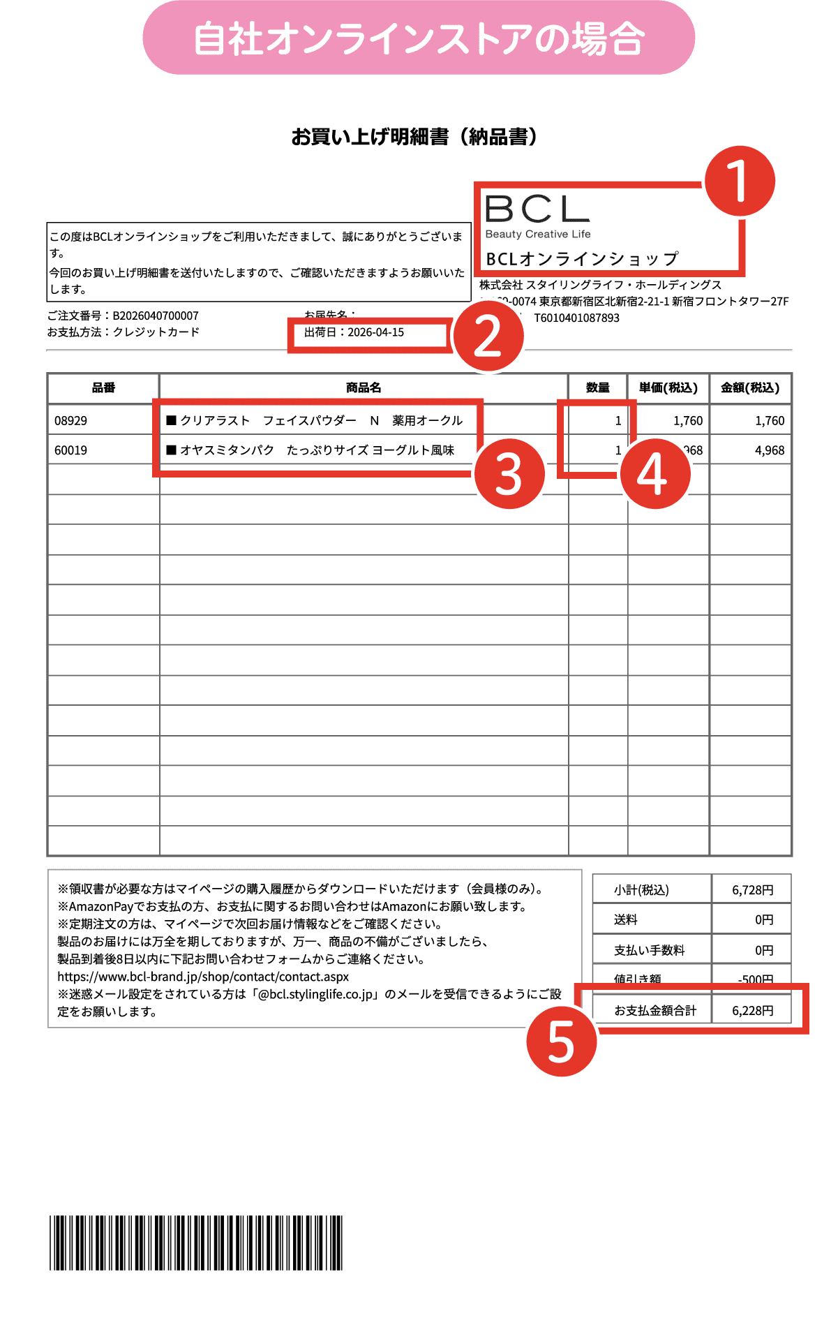 公式オンラインストアの明細書画像