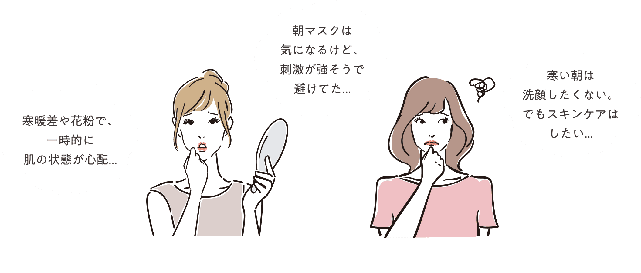 寒暖差や花粉で、一時的に肌の状態が心配... 朝マスクは 気になるけど、刺激が強そうで避けてた... 寒い朝は 洗顔したくない。でもスキンケアは したい...