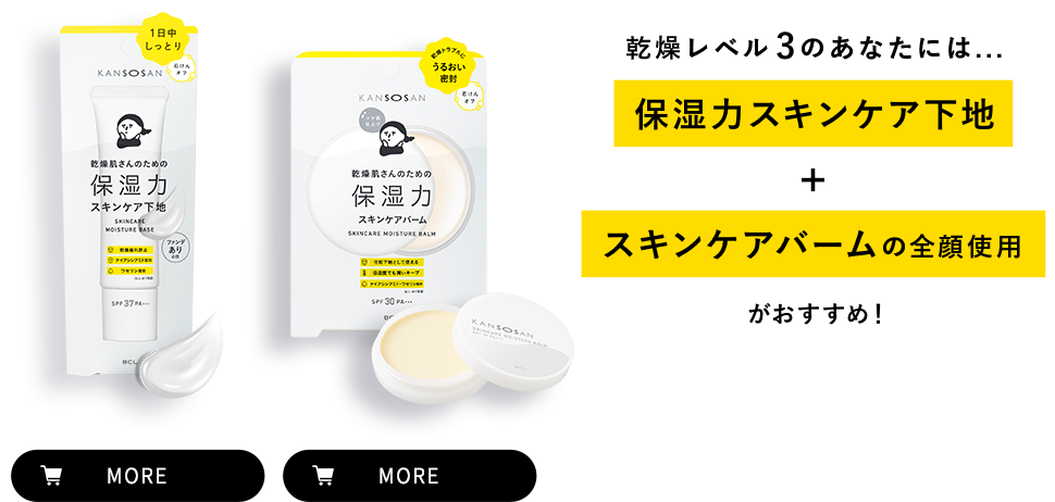 乾燥レベル 3のあなたには...保湿力スキンケア下地＋スキンケアバームの全顔使用がおすすめ！