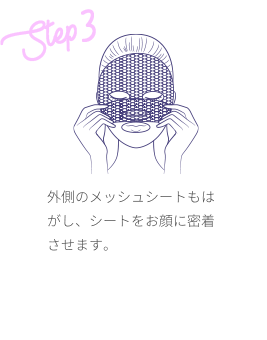 外側のメッシュシートもはがし、シートをお顔に密着させます。