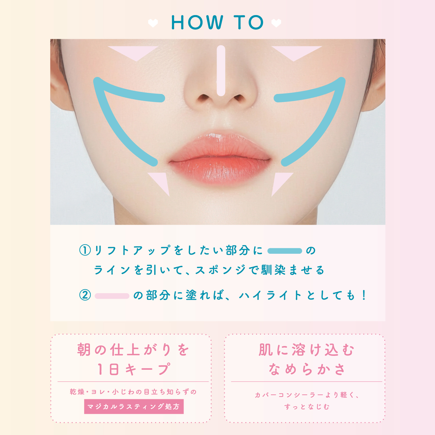 メイクトリック　HFコンシーラー 02　血色感ピーチ　ベースメイク　朝の仕上がりを1日キープ　肌に溶け込むなめらかさ　HOW TO