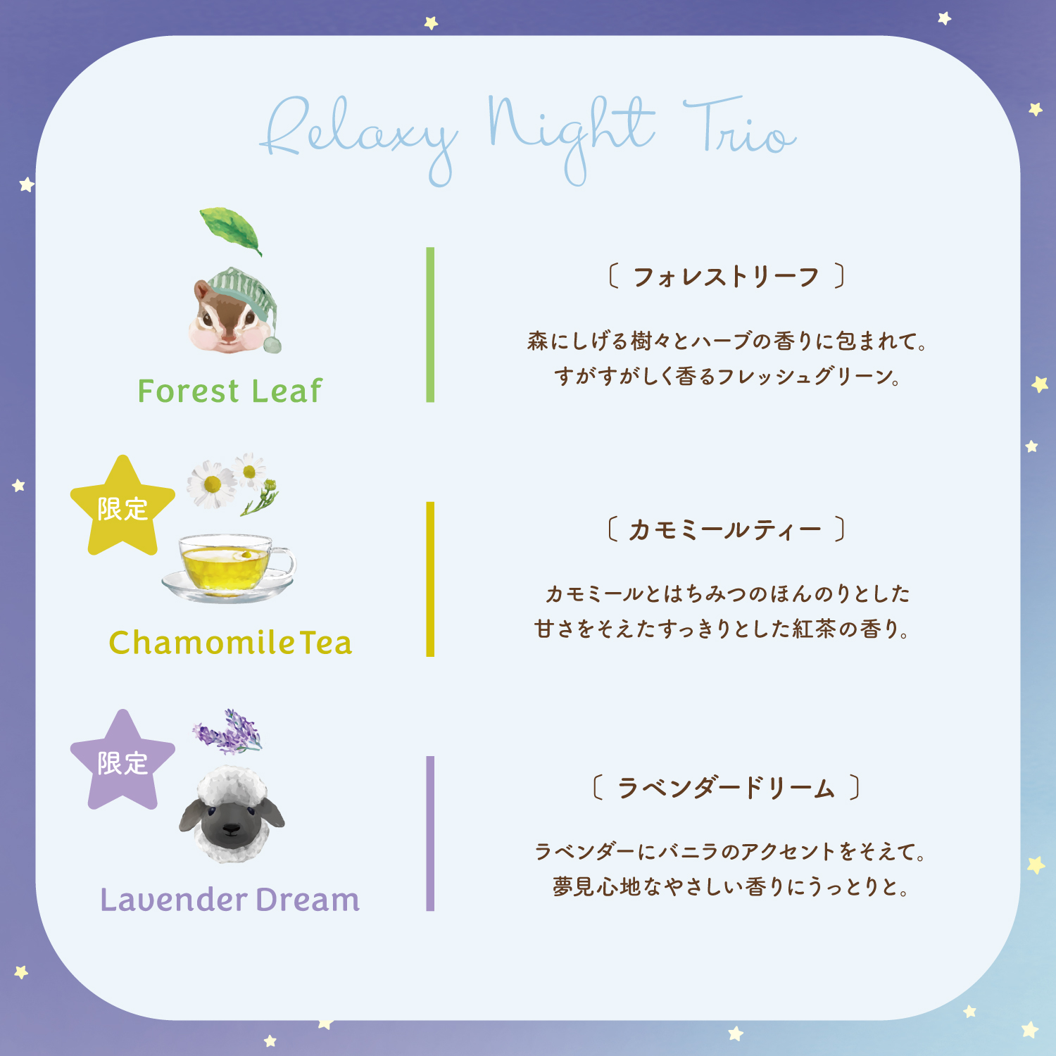 ワンダーハニー　はちみつの森のハンドクリームギフト リラクシーナイトトリオ　ハンドケア　ハンドクリーム　フォレストリーフ：森にしげる樹々とハーブの香りに包まれて。すがすがしく香るフレッシュグリーン。　カモミールティー：カモミーツとはちみつのほんのりとした甘さをそえたすっきりとした紅茶の香り　ラベンダードリーム：ラベンダーにバニラのアクセントをそえて。夢見心地なやさしい香りにうっとりと。