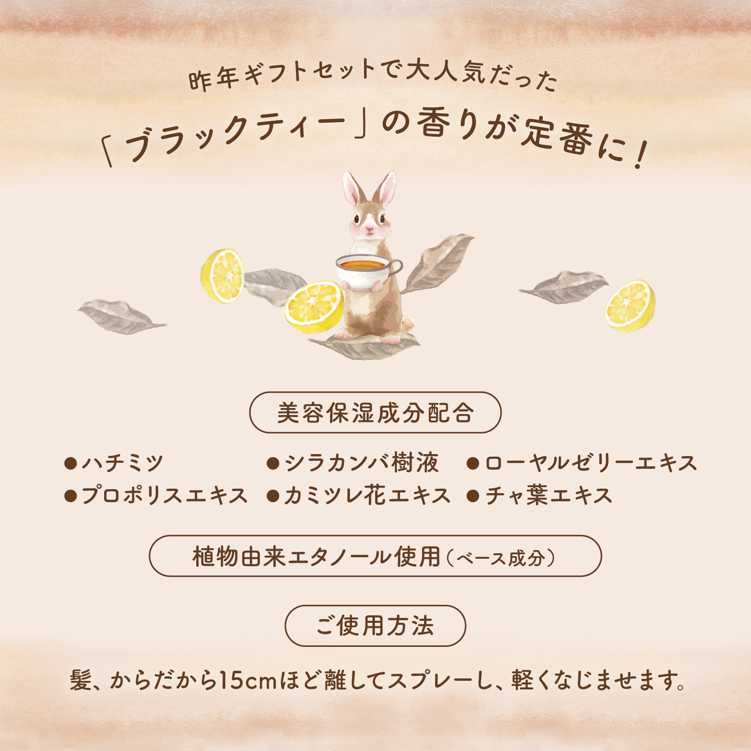 ワンダーハニー　ファンファンヘア＆ボディミスト　すっきり果実のブラックティー　ボディケア　ヘアケア　ミスト　昨年のギフトで大人気だった「ブラックティー」の香りが定番に！　美容保湿成分配合：●ハチミツ　●ローヤルゼリーエキス　●チャ葉エキス　●シラカンバ樹液　●カミツレ花エキス　●プロポリスエキス　●植物由来エタノール使用（ベース成分） HOW TO