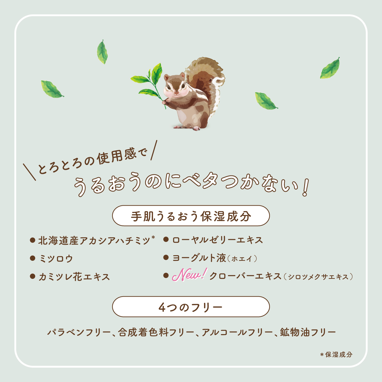 ワンダーハニー　とろとろハンドクリーム　フォレストリーフ　ボディケア　ハンドクリーム　とろとろの使用感でうるおうのにべたつかない！　手肌うるおう保湿成分：北海道アカシア蜂蜜、ミツロウ、 ローヤルゼリーエキス、カミツレ花エキス、ヨーグルト液（ホエイ）、【NEW】クローバーエキス　4つのフリー：パラベン、合成着色料、アルコール、鉱物油フリー