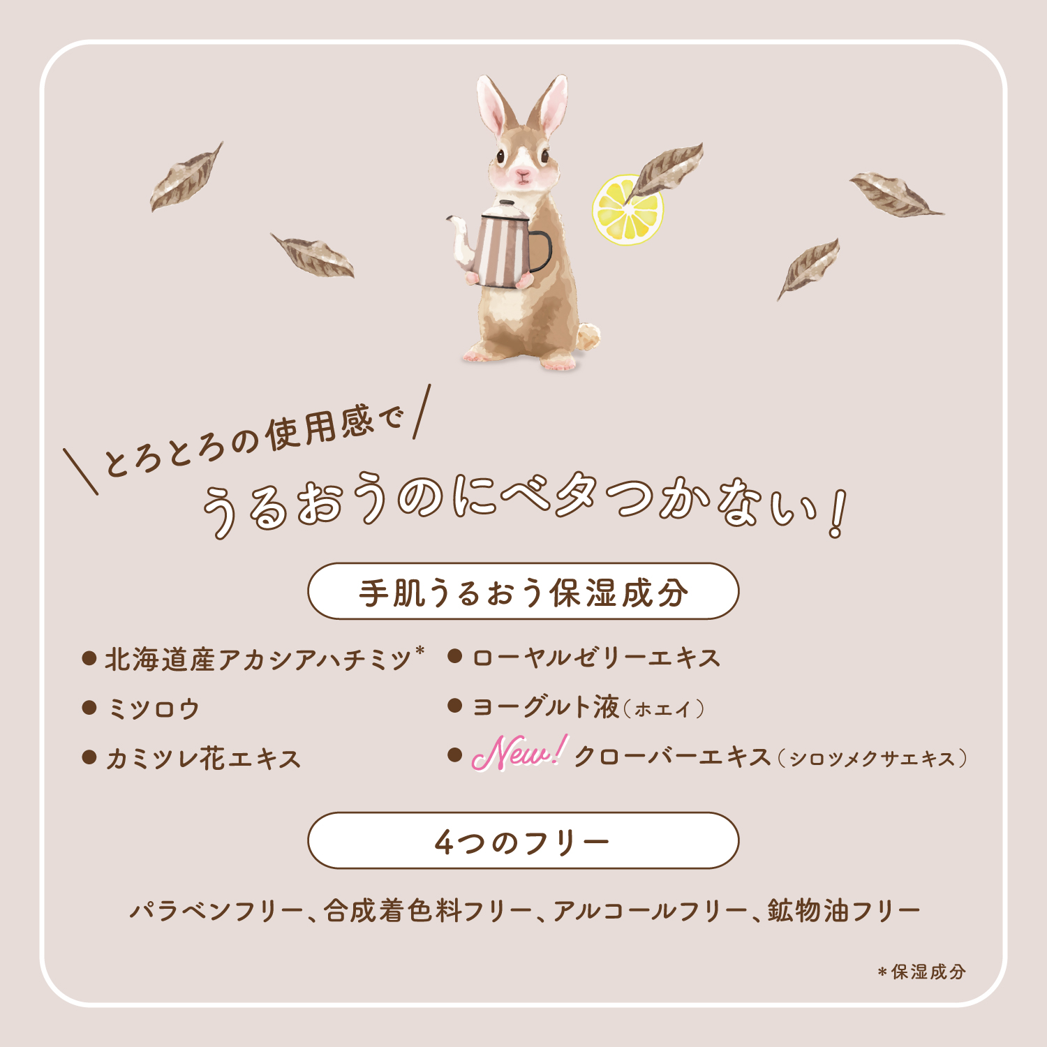 ワンダーハニー　とろとろハンドクリーム　すっきり果実のブラックティー　ボディケア　ハンドクリーム　とろとろの使用感でうるおうのにベタつかない！手肌うるおう保湿成分：北海道アカシア蜂蜜、ミツロウ、ローヤルゼリーエキス、カミツレ花エキス、ヨーグルト液（ホエイ）、【NEW】クローバーエキス 　4つのフリー：パラベン、合成着色料、アルコール、鉱物油フリー